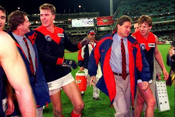 AFL Round 10, Richmond versus Melbourne at MCG. Barry Richardson, Jim Stynes, Greg Hutchison, Marcus Seecamp and Cameron Schwab, May 31 1997.