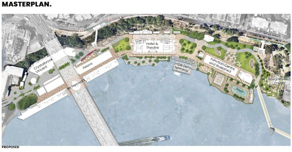 The latest masterplan for the Howard Smith Wharves redevelopment, with a new hotel and stairs at the centre.