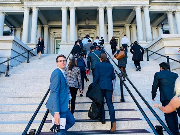 Matthew Knott reporting at the White House in 2021.