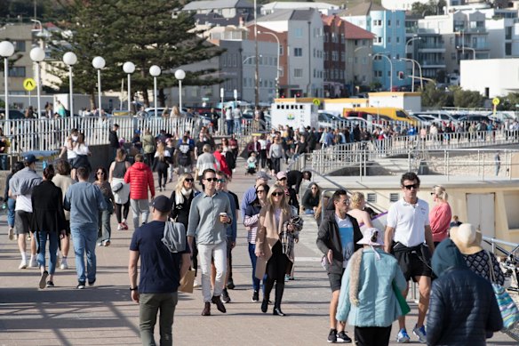 A very busy day at Bondi along the promenade and grassy areas, although the sand and water were much less crowded.