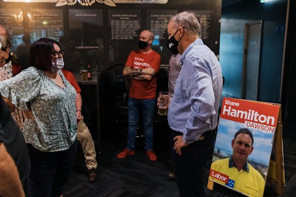 Anthony Albanese speaks to locals at a Labor branch meeting at the Northern Beaches Bowls Club, Mackay: “There’s a reason why this is my third visit here, and I’ll be back because Labor can win Dawson and if we win Dawson, we will win government,” he told them.
