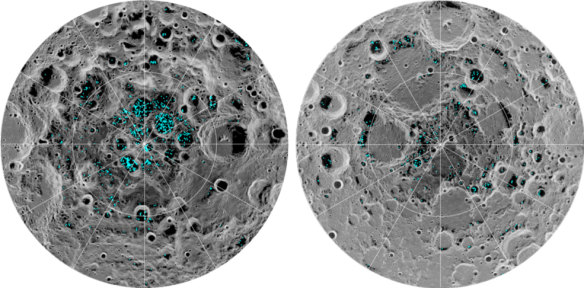 The image shows the distribution of surface ice at the Moon’s south pole (left) and north pole (right), detected by NASA’s Moon Mineralogy Mapper instrument. 