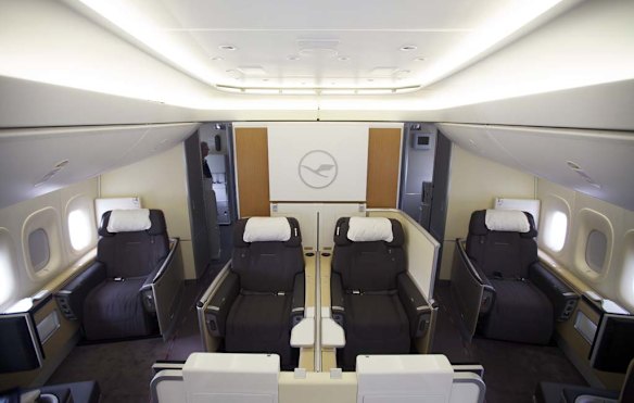The first class section of a Boeing 747-8 Intercontinental airliner which was delivered to launch partner Lufthansa.