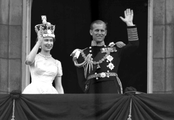 “We like to think we’re casting a bit of a cynical eye over what’s going on,” says Australian royal expert Giselle Bastin, of Australia’s long-held view of the royals, including  the late Prince Philip, Duke of Edinburgh, pictured with the Queen at Buckingham Palace, following her coronation in 1953.