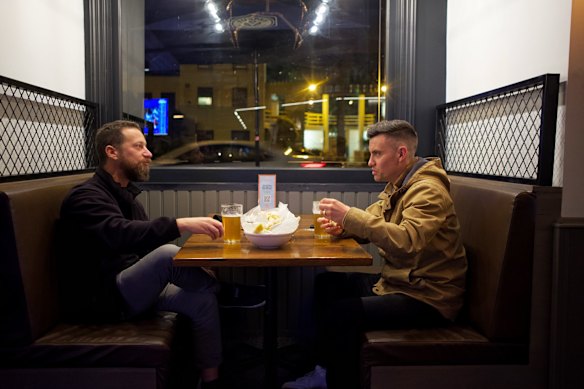 (L-R) Joe Cunsolo and
Jimmy Dwyer  enjoying a a drink at The Local Hotel in Port Melbourne after midnight
