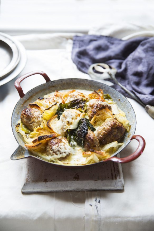 Veal and pork polpette with savoy cabbage and Taleggio