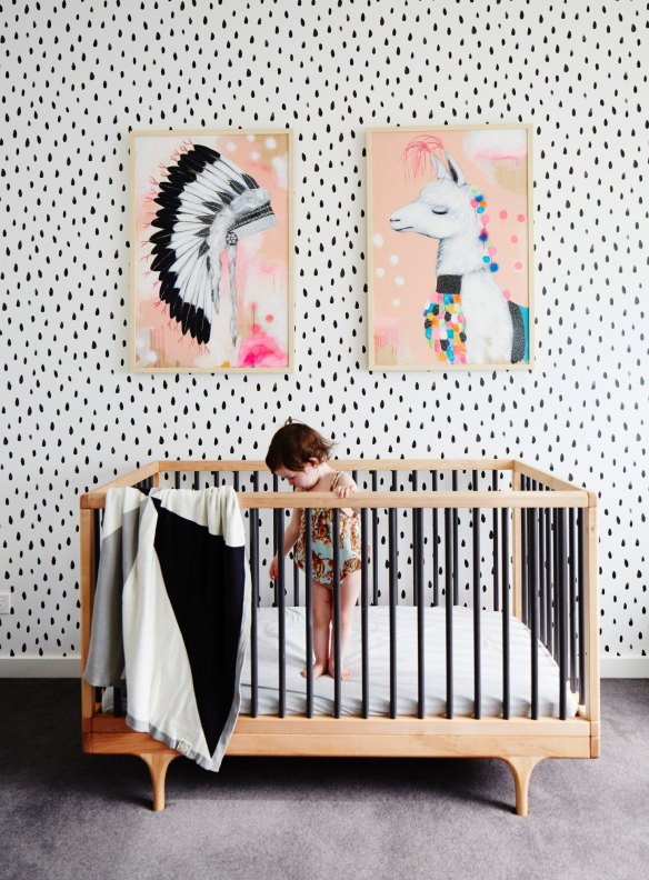 “We recently wallpapered a wall in Sloan’s room with ‘Seeds’ wallpaper from Jimmy Cricket – it looks amazing with the two prints by Cat Lee,” says Kerri.