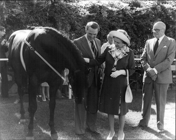 Stallion Without Fear bears his teeth for the Queen at the Lindsay Park stud, SA.