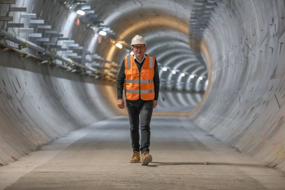 First day back at work. After three months off work with a back injury, Daniel Andrews examined the Metro tunnel on June 28, 2021.