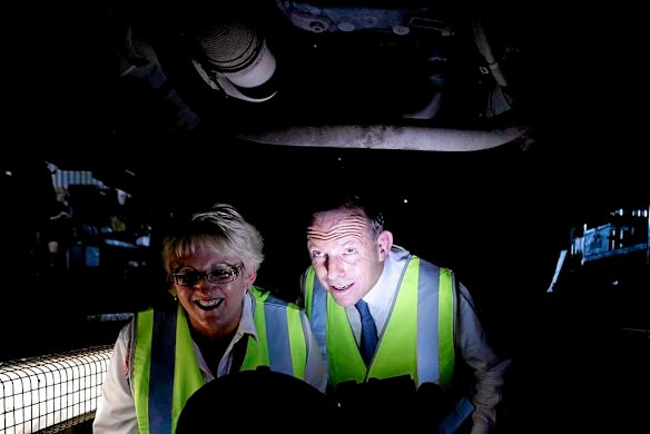 Opposition Leader Tony Abbott during a visit to a transport company in Rockhampton, Queensland.
