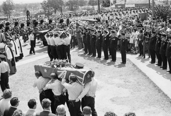 The funeral for policemen killed in a shooting at Toongabbie, Sydney, 5 October 1971.