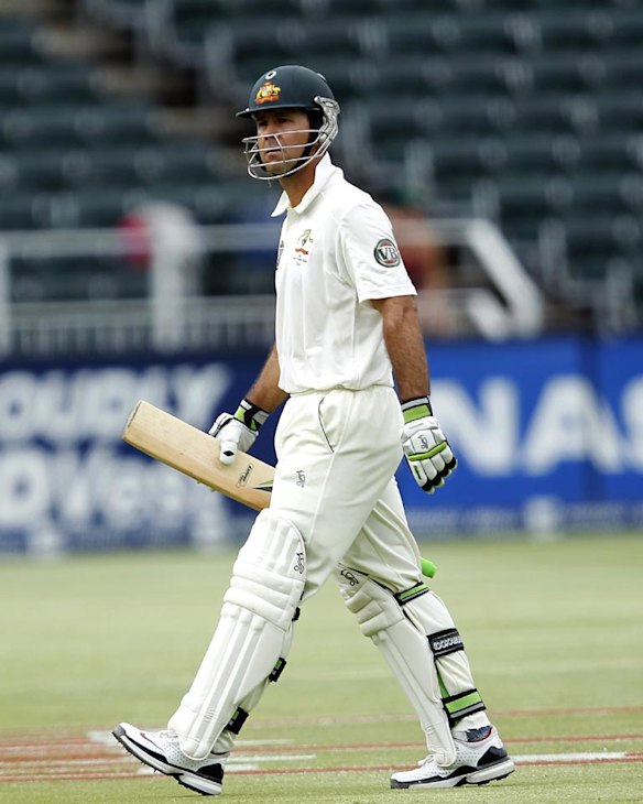 A grim-faced Ricky Ponting leaves the field after he was caught by Jacques Rudolph in the slips off Morne Morkel.