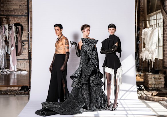 Melbourne designer Toni Maticevski returns to Australian Fashion Week in Sydney after a 10-year absence. The clothes speak for themselves. “I stopped naming my collections years ago,” he says. Models Noa Papadopolous, Stella Hinton and Hannah Elyse.