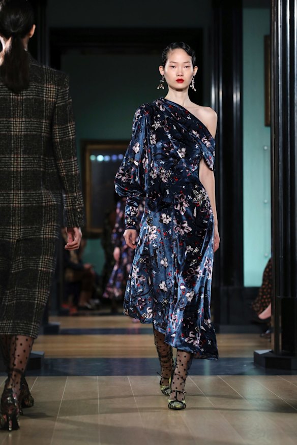 A model wears a creation by Erdem at the Autumn/Winter 2018 runway show in London.