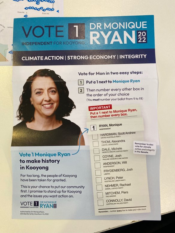 Monique Ryan’s how-to-vote card for May’s federal election.
