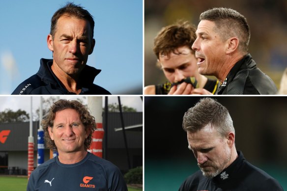 The soft cap could mean clubs seeking a new coach cannot afford Alastair Clarkson (top left), coming with competition from Adam Kingsley, James Hird and Nathan Buckley.