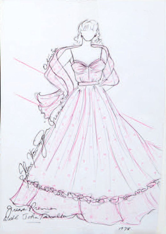 Fleur's costume sketch inscribed "Grease Premiere with John Travolta 1978"