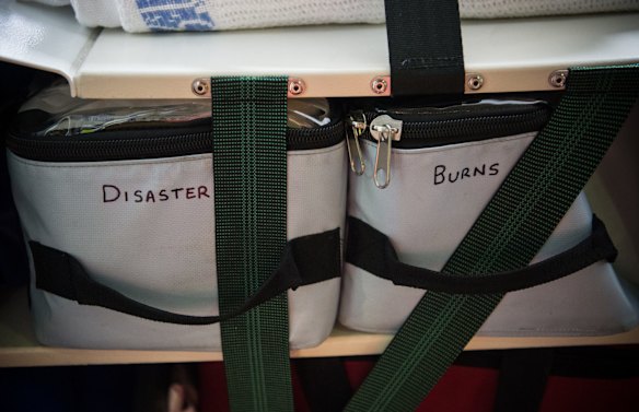 Detail of some of the emergency grab bags on a NSW Ambulance.