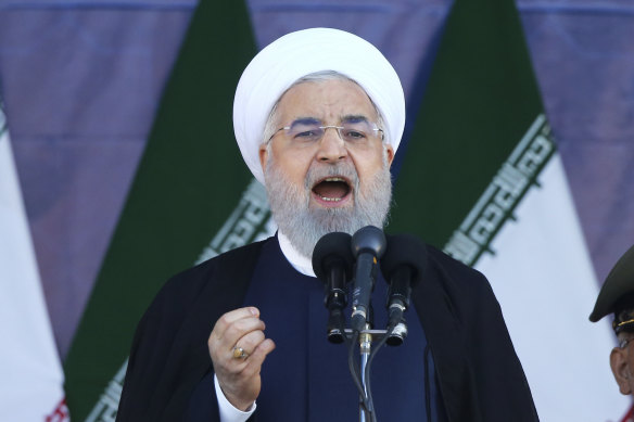 Iran's President Hassan Rouhani speaks at the military parade before disaster struck.