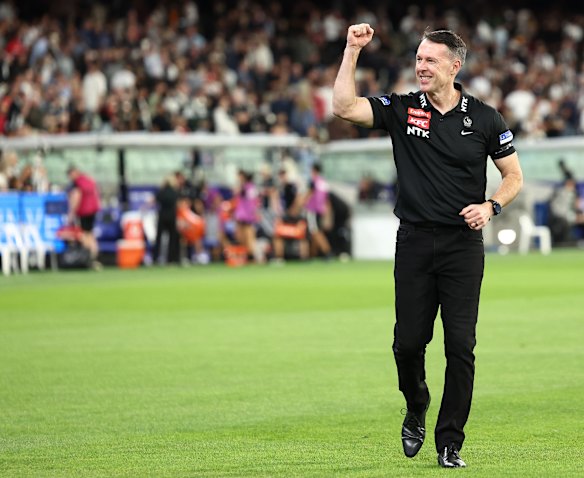 Happy Pies: Craig McRae was full of joy after the Magpies sunk the high-spending Saints.