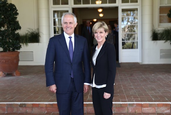 Malcolm Turnbull posed with Deputy Liberal Leader Julie Bishop after he was was sworn in as the 29th Prime Minister of Australia by Governor-General Sir Peter Cosgrove at Government House in Canberra on Tuesday 15 September 2015. 