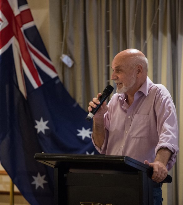 Larry Pickering speaks at a fundraiser for Kirralie Smith on Thursday.