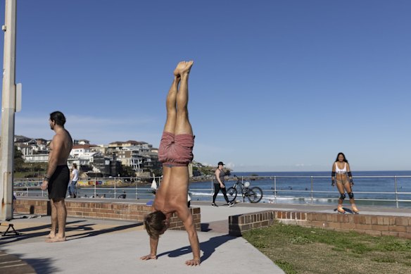 People exercising at Bondi Beach during COVID lockdown.
