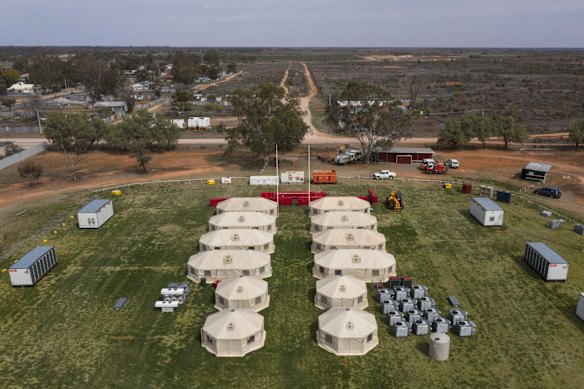 Base camp infrastructure being set up at Wilcannia oval to help deal with a local COVID outbreak.