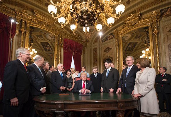President Donald Trump is joined by the Congressional leadership and his family as he formally signs his cabinet nominations into law.