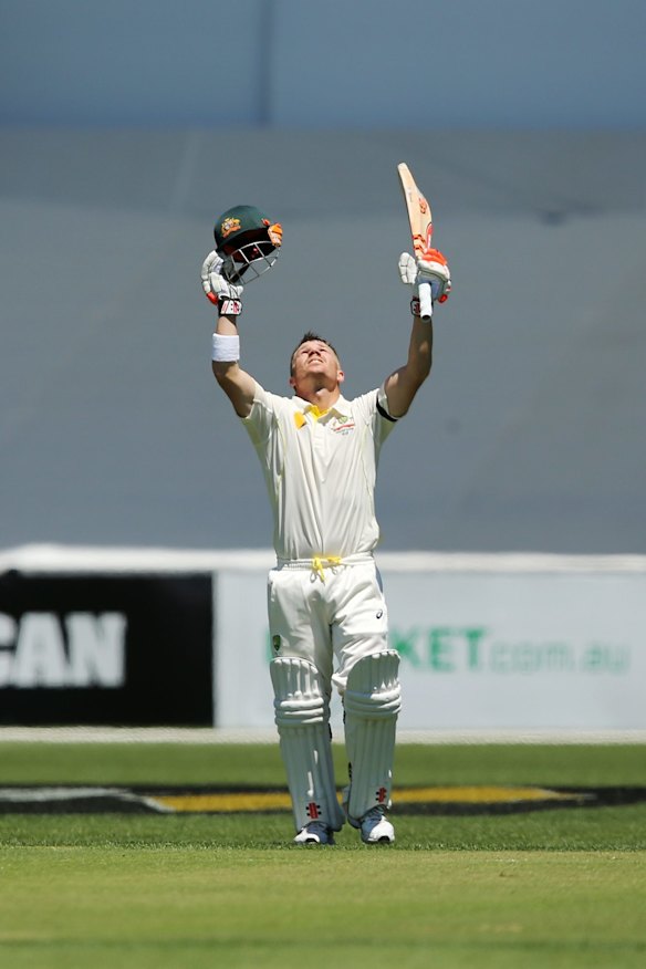 David Warner celebrates after reaching 100 runs. 