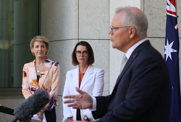 Minister for Employment, Skills, Small and Family Business Michaelia Cash, Families and Social Services Minister Anne Ruston and Prime Minister Scott Morrison announce a permanent rise to JobSeeker on Tuesday.