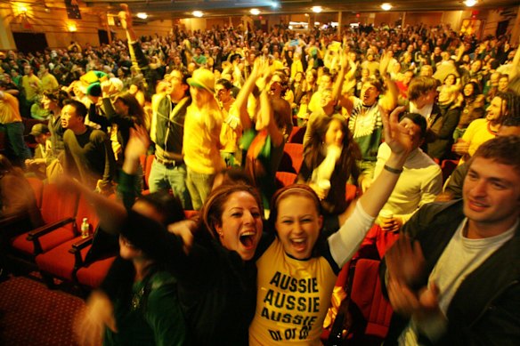 The jubilant crowd at the Enmore Theatre celebrate a Harry Kewell goal during the Australia v Croatia match in the World Cup in Germany. Australia drew 2-2 to advance to the second round, 23 June 2006.