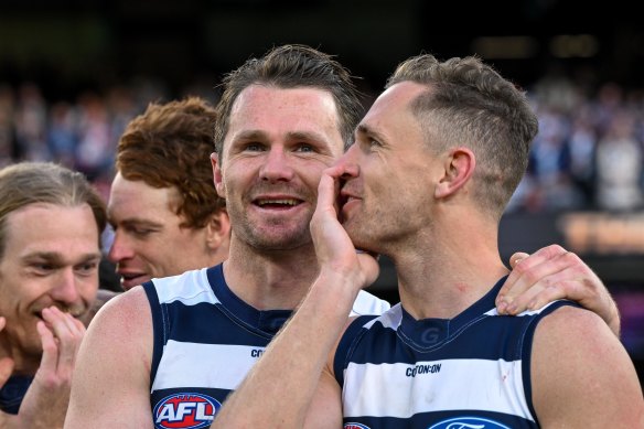 Patrick Dangerfield wants skipper Joel Selwood to play on, the pair enjoying Saturday’s premiership against Sydney.