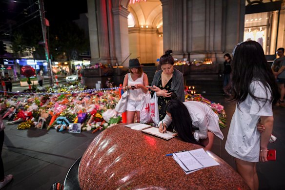 Floral tribute at Bourke Street Mall.