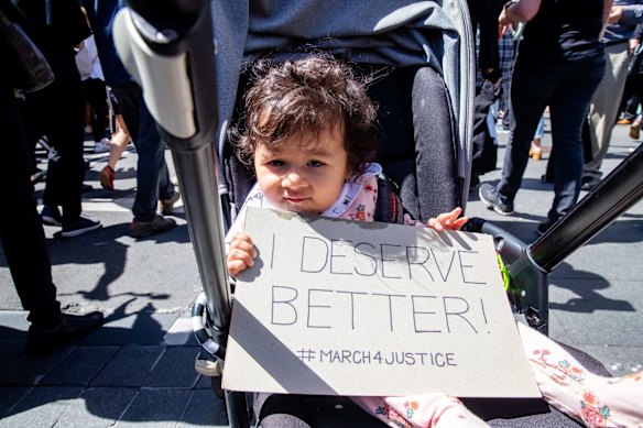 The Sydney Women's March 4 Justice today, calling for a change in federal parliament to put an end to the issues of sexism, misogyny, dangerous workplace cultures and lack of equality in politics and the community at large.