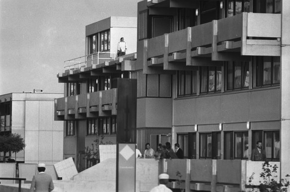 Arab terrorists hold Israeli hostage in the Olympic village during the 1972 Olympic Games in Munich.