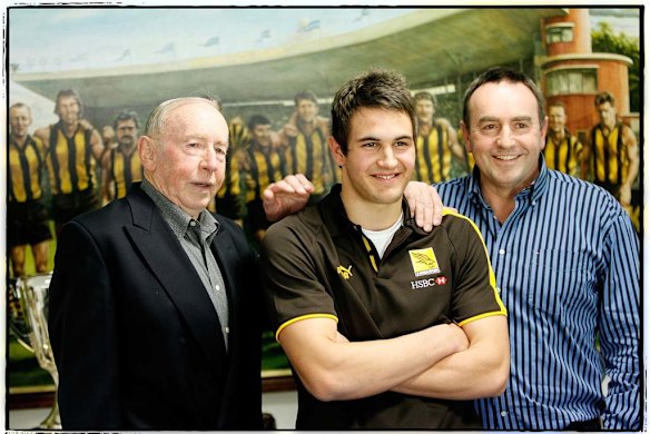 Three generations of Kennedy; John, John, and Josh at Waverley Park where  Hawthorn announced the signing of Josh under the father/son rule in 2006. Josh played 13 games in two seasons for Hawthorn. He has played 120 games for Sydney.