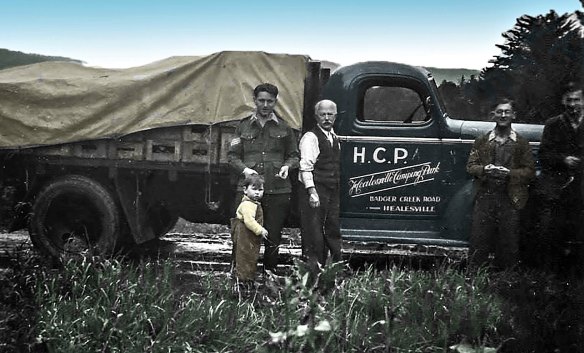 The Frogley family founded Healesville Cordial Products. Pictured with a distribution truck are Gerald and Pop Frogley with Eric Hook, Norm Frogley and his son Ray.