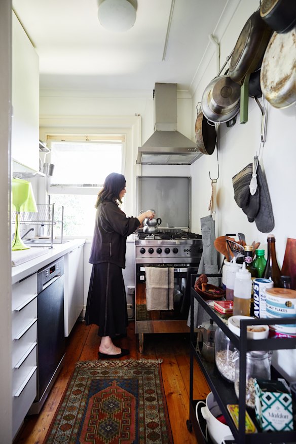 “We love our small kitchen,” says Williams. “It makes hosting more intimate and feels quite Parisian. The Atomic cappuccino maker was a gift from a dear friend.”