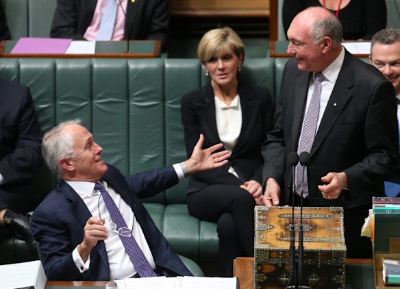 Prime Minister Malcolm Turnbull with Deputy Prime Minister Warren Truss during question time at Parliament House in Canberra on Tuesday 15 September 2015. 