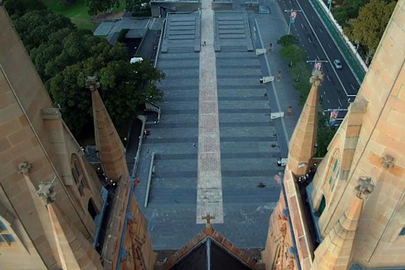 A flying drone took this image above a church.
