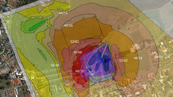 Noise contours from proposal at Sydney laid over proposed location in Melville showing incorrect/correct decibel levels. The regulated limit for amenity within this location is 42 decibels. Source - Mr Chambers