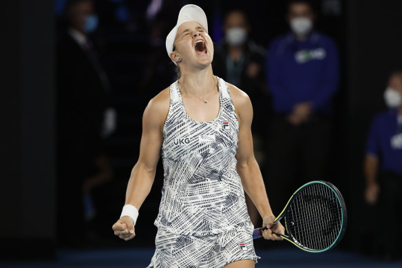 Ash Barty celebrates after defeating Danielle Collins in the women’s singles final.