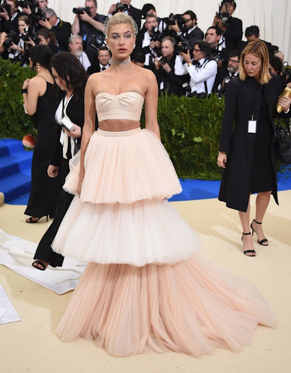 Hailey Baldwin attends The Metropolitan Museum of Art's Costume Institute benefit gala celebrating the opening of the Rei Kawakubo/Comme des Garcons: Art of the In-Between exhibition on Monday, May 1, 2017, in New York.