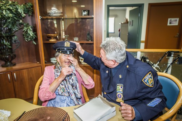 Uniting Care Mirinjani retirement village has granted a lifelong wish for resident Berenice Benson to meet a real New York city cop (something she mentions every tine she gets into the facility lift featuring a poster of the New York skyline). NYPD Detective Howard Shank was glad to accommodate. 