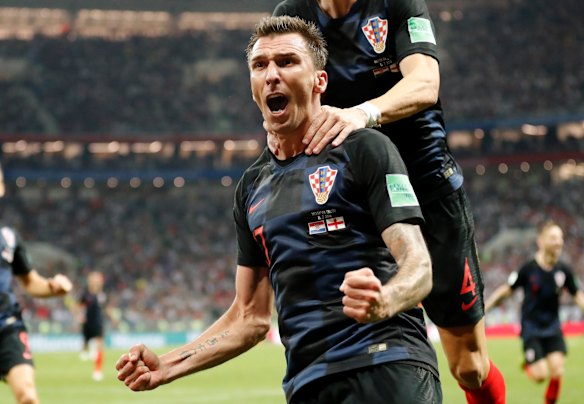Croatia's Mario Mandzukic celebrates after scoring his side's second goal during the semifinal match between Croatia and England at the 2018 soccer World Cup in the Luzhniki Stadium in Moscow, Russia.