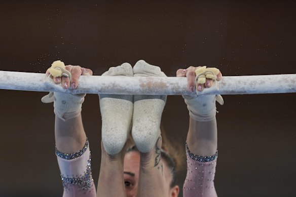 Vanessa Ferrari, of Italy, trains on the uneven bars for the artistic gymnastics at Ariake Gymnastics Centre venue ahead of the 2020 Summer Olympics in Tokyo, Japan. 