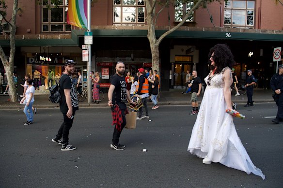 Celebrations continue as people rally down Oxford st, Darlinghurst.