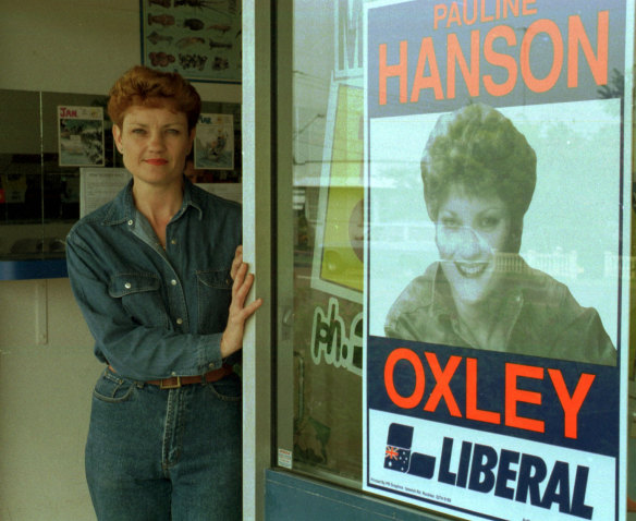 Pauline Hanson pictured in 1996, with her Liberal Party election corflute.