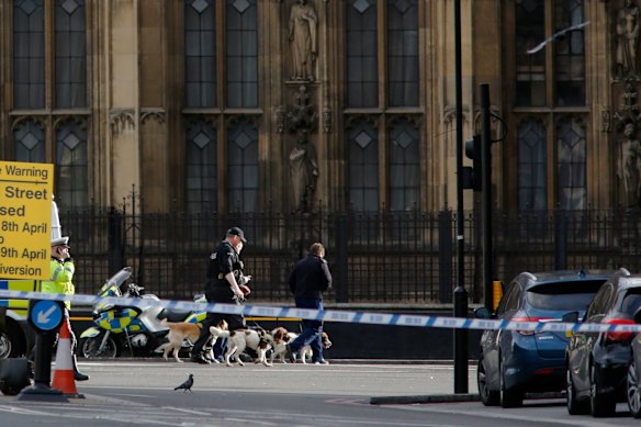 Police officers walk dogs near Westminster Bridge and the Houses of Parliament following an incident in central London.